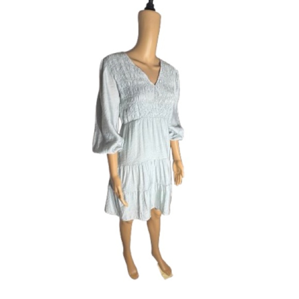 Blu Pepper Mint Green Smocked V-Neck Tiered Mini Dress Size Medium - Picture 2 of 12